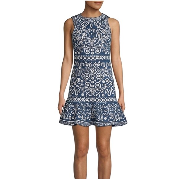 Alice + Olivia Rapunzel Dress Blue Denim Embroidered Flounce Hem Sleeveless sz 4 - Picture 1 of 9
